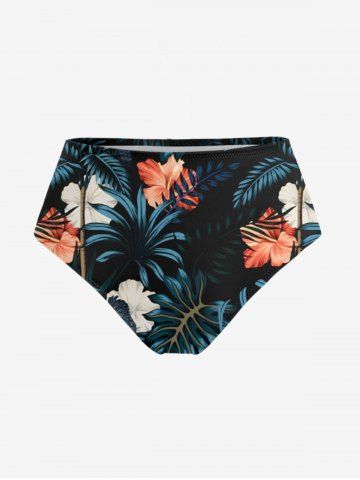Tropical Leaf Hibiscus Flower Print Hawaii Swim Bottom - BLACK - XS