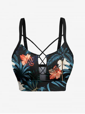 Tropical Leaf Hibiscus Flower Print Hawaii Lace Up Tankini Top(Adjustable Shoulder Strap) - BLACK - XS