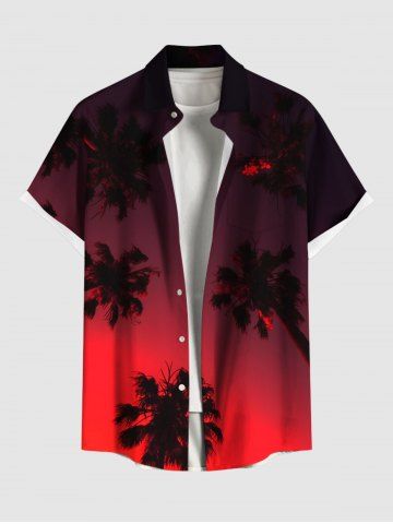 Plus Size Coconut Tree Dip Dye Ombre Sky Print Hawaii Button Pocket Shirt For Men - RED - L