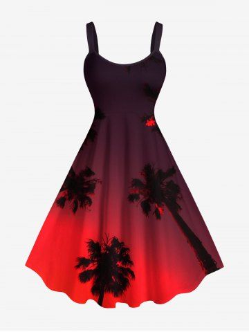 Plus Size Coconut Tree Dip Dye Ombre Sky Print Hawaii A Line Tank Dress - RED - 6X