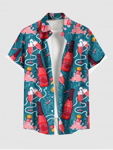 Plus Size Wine Bottle Sea Print Hawaii Button Pocket Shirt For Men - GREEN - 6XL