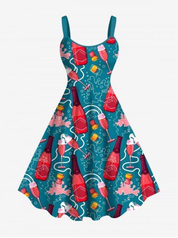 Plus Size Wine Bottle Sea Print Hawaii A Line Tank Dress - GREEN - 6X