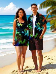 Ensemble chemise et barboteuse hawaïennes assorties, tenue de plage grande taille, imprimé cocotier et feuilles tropicales, pour couples - Noir 