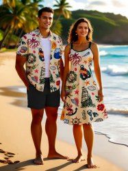 Tenue de plage hawaïenne assortie grande taille pour couple, motif soleil, sirène, voilier, pieuvre, vagues, coquillages - Beige 