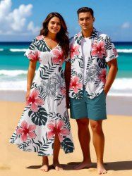 Coconut Tree Tropical Leaf Hibiscus Flowers Print Plus Size Matching Hawaii Beach Outfit For Couples -  