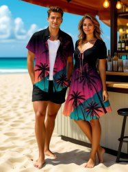 Coconut Tree Ombre Galaxy Print Plus Size Matching Hawaii Beach Outfit For Couples -  