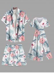 Tenue de plage hawaïenne assortie grande taille à imprimé feuilles tropicales et fleurs d'hibiscus pour couples - Blanc 