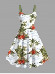 Plus Size Coconut Tree Hibiscus Flower Sea Waves Print Hawaii Tank Dress -  