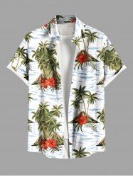 Chemise hawaïenne grande taille à imprimé cocotier, hibiscus, fleurs, vagues de la mer, boutons et poches pour homme - Blanc L