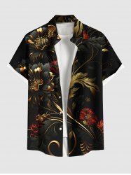 Chemise hawaïenne grande taille à imprimé floral et feuilles métallisées, boutons et poches pour homme - Noir M