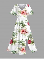 Plus Size Hibiscus Flowers Leaf Tropical Print Split Hawaii Midi Dress -  