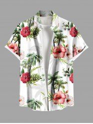 Plus Size Hibiscus Flowers Leaf Tropical Print Buttons Pocket Hawaii Shirt For Men -  