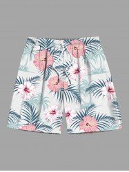 Plus Size Tropical Leaf Hibiscus Flowers Coconut Tree Print Hawaii Beach Shorts For Men -  