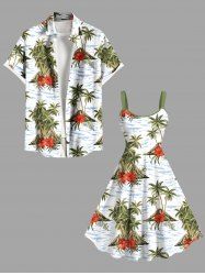 Tenue de plage hawaïenne assortie grande taille, motif cocotier, hibiscus, vagues de la mer, pour couples - Blanc 