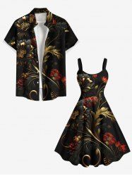 Flowers Leaf Metallic Print Plus Size Matching Hawaii Beach Outfit For Couples -  