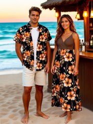 Hibiscus Flower Leaf Branch Print Plus Size Matching Hawaii Beach Outfit For Couples -  