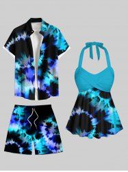 Maillot de bain imprimé tie-dye ombré en spirale, short, grande taille, tenue de plage hawaïenne assortie pour couples - Noir 