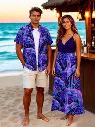 Tenue de plage hawaïenne assortie grande taille à imprimé feuilles tropicales pour couples - Pourpre  