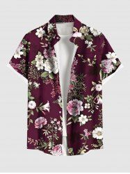 Plus Size Flower Leaf Branch Print Hawaii Button Pocket Shirt For Men -  