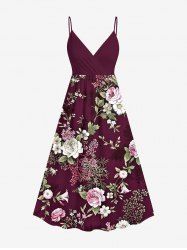 Plus Size Flower Leaf Branch Print Hawaii Surplice A Line Cami Dress -  