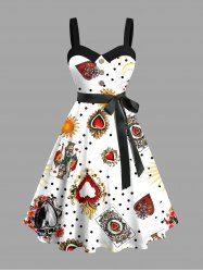 Robe trapèze hawaïenne grande taille à imprimé pois de soleil et cœurs de poker avec boutons et ceinture amovible - Blanc 1X