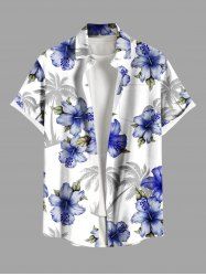 Plus Size Coconut Tree Hibiscus Flower Leaf Print Hawaii Button Pocket Shirt For Men -  