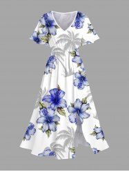 Robe mi-longue hawaïenne grande taille à imprimé feuilles de cocotier et hibiscus - Blanc XXS