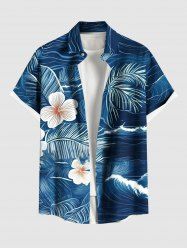 Plus Size Tropical Leaf Hibiscus Flower Sea Print Hawaii Button Pocket Shirt For Men -  