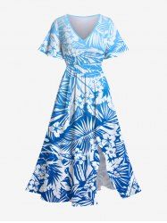 Plus Size Tropical Leaf Hibiscus Flowers Print Split Hawaii Midi Dress -  