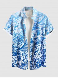 Plus Size Tropical Leaf Hibiscus Flowers Print Buttons Pocket Hawaii Shirt For Men -  