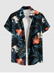 Plus Size Tropical Leaf Hibiscus Flower Print Hawaii Button Pocket Shirt For Men -  