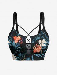 Tropical Leaf Hibiscus Flower Print Hawaii Lace Up Tankini Top(Adjustable Shoulder Strap) -  
