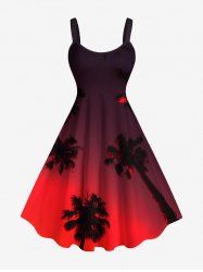 Robe trapèze hawaïenne grande taille à imprimé ciel ombré et cocotier - Rouge M