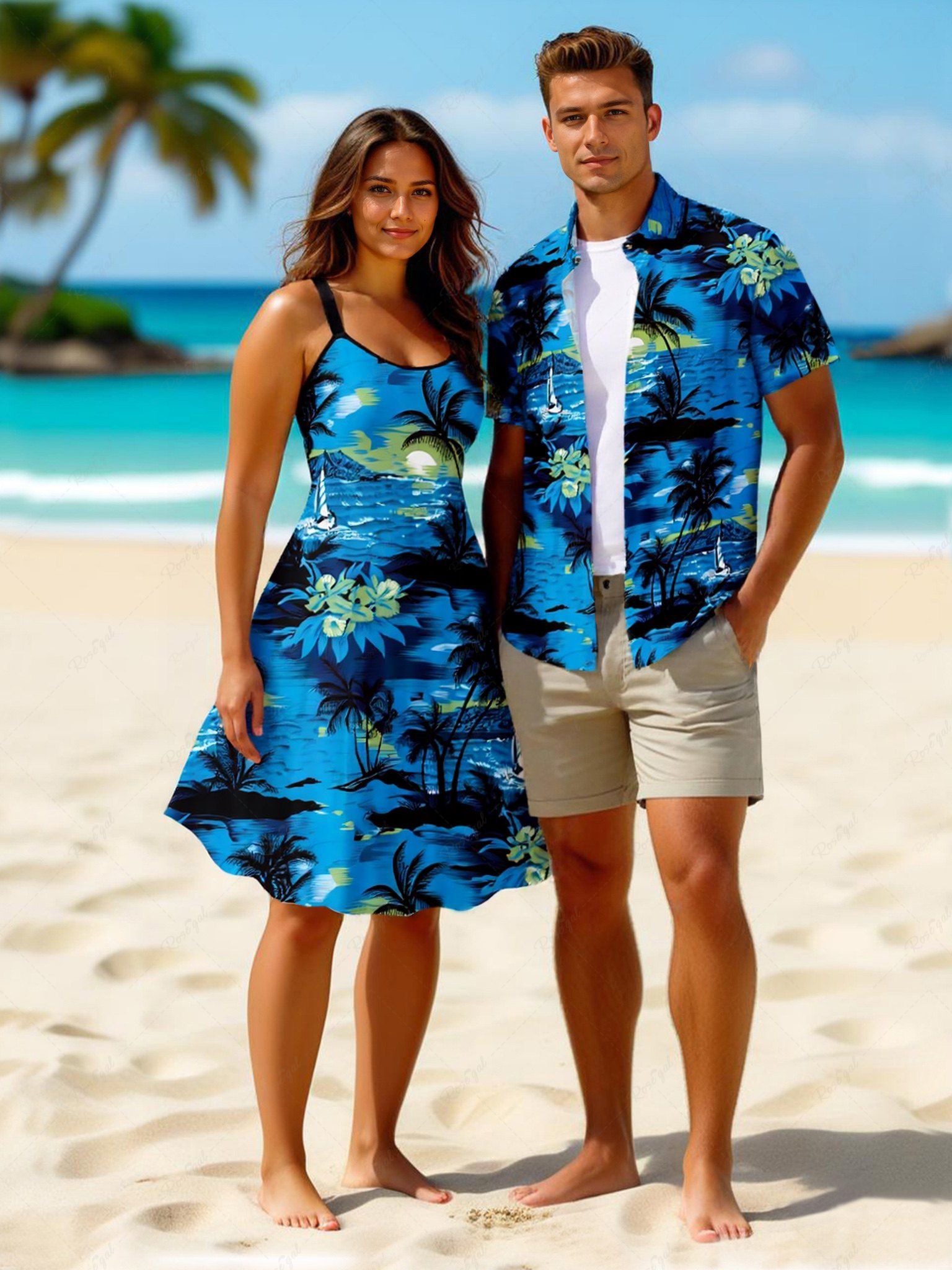 Shop Coconut Tree Hibiscus Flower Seascape Print Plus Size Matching Hawaii Beach Outfit For Couples  