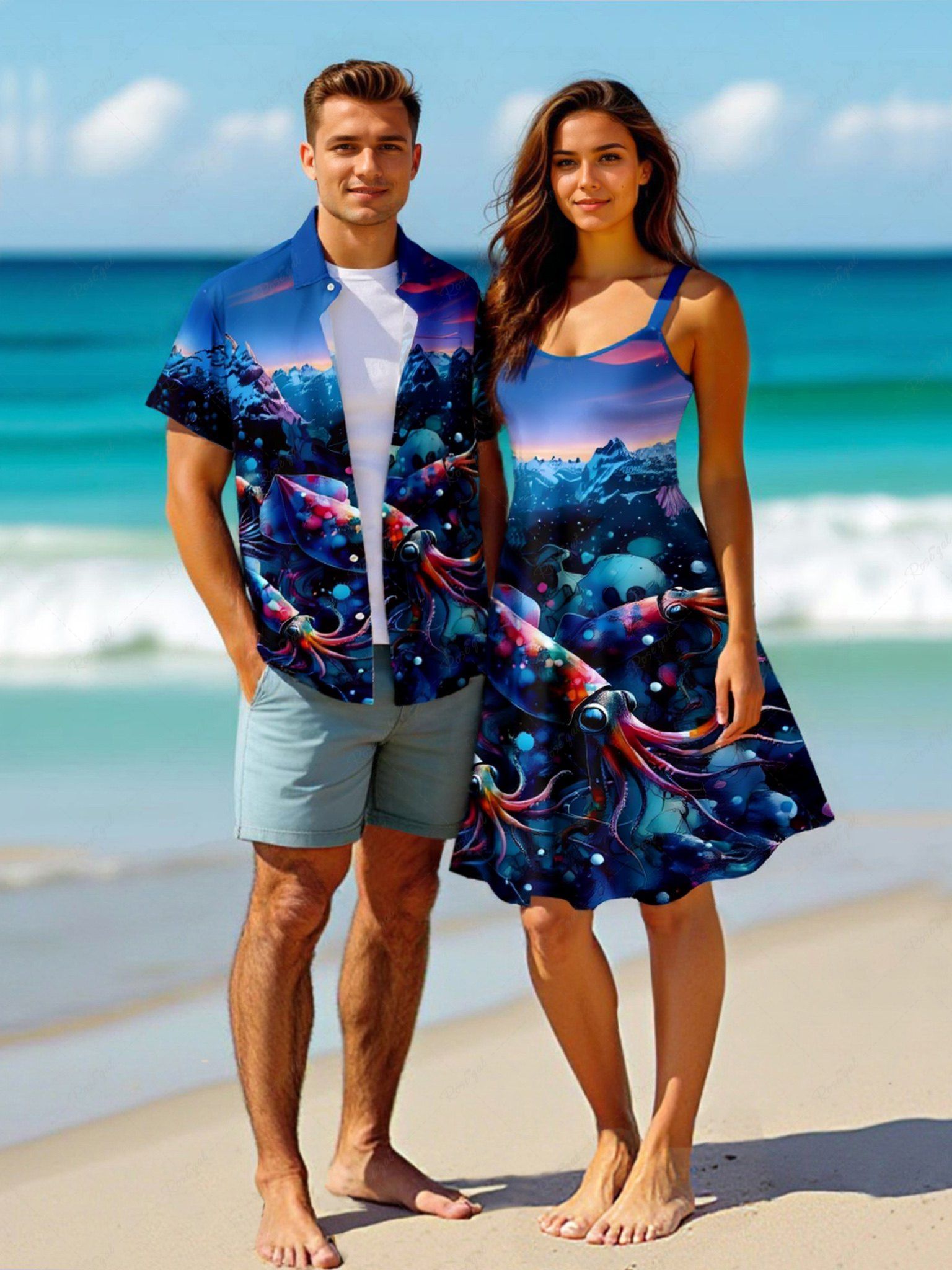 Tenue de plage assortie grande taille à imprimé calmar et montagne, créatures marines hawaïennes, pour couples Bleu profond 