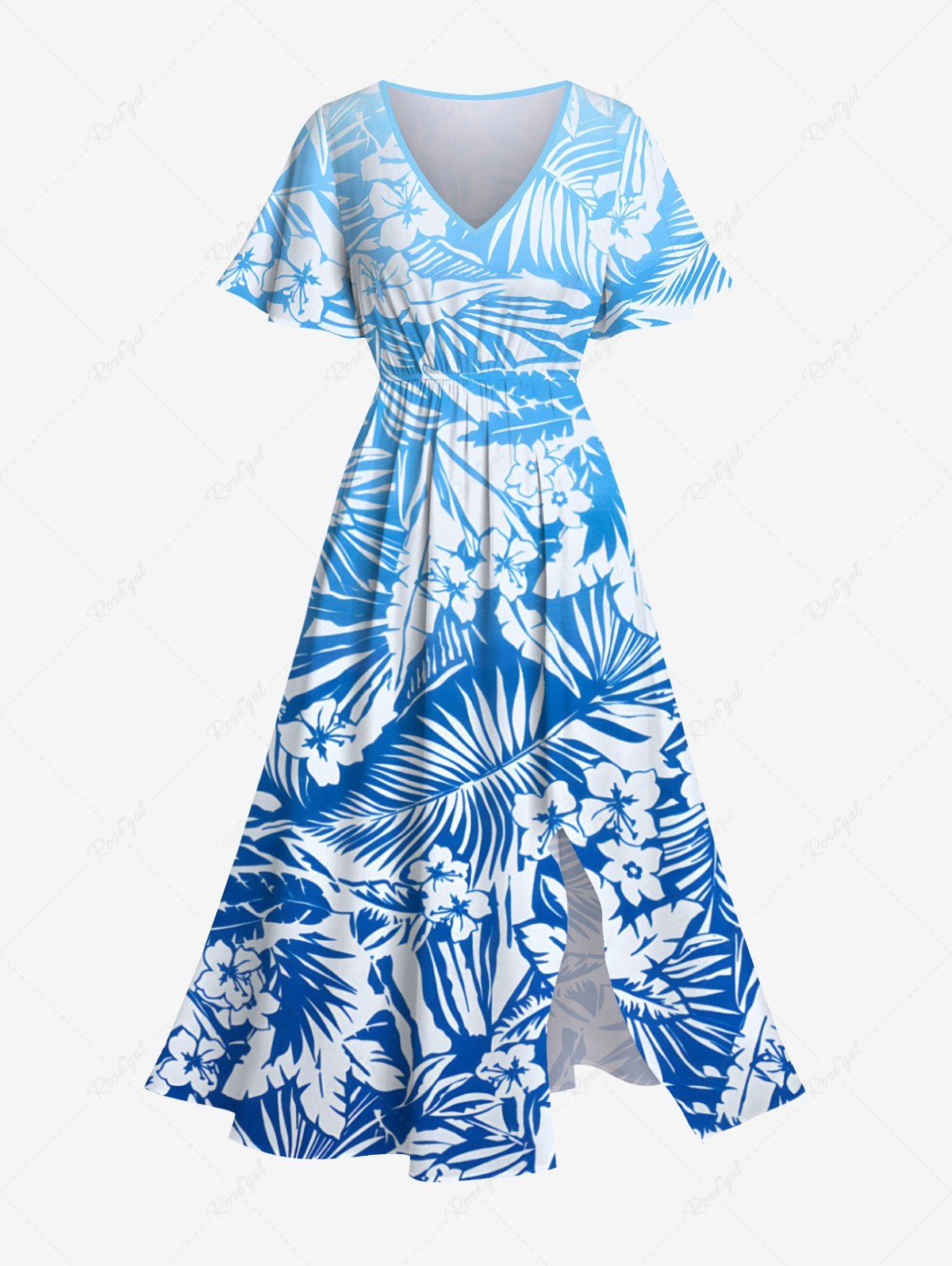 Robe mi-longue hawaïenne fendue grande taille à imprimé feuilles tropicales et fleurs d'hibiscus Bleu Ciel 6X