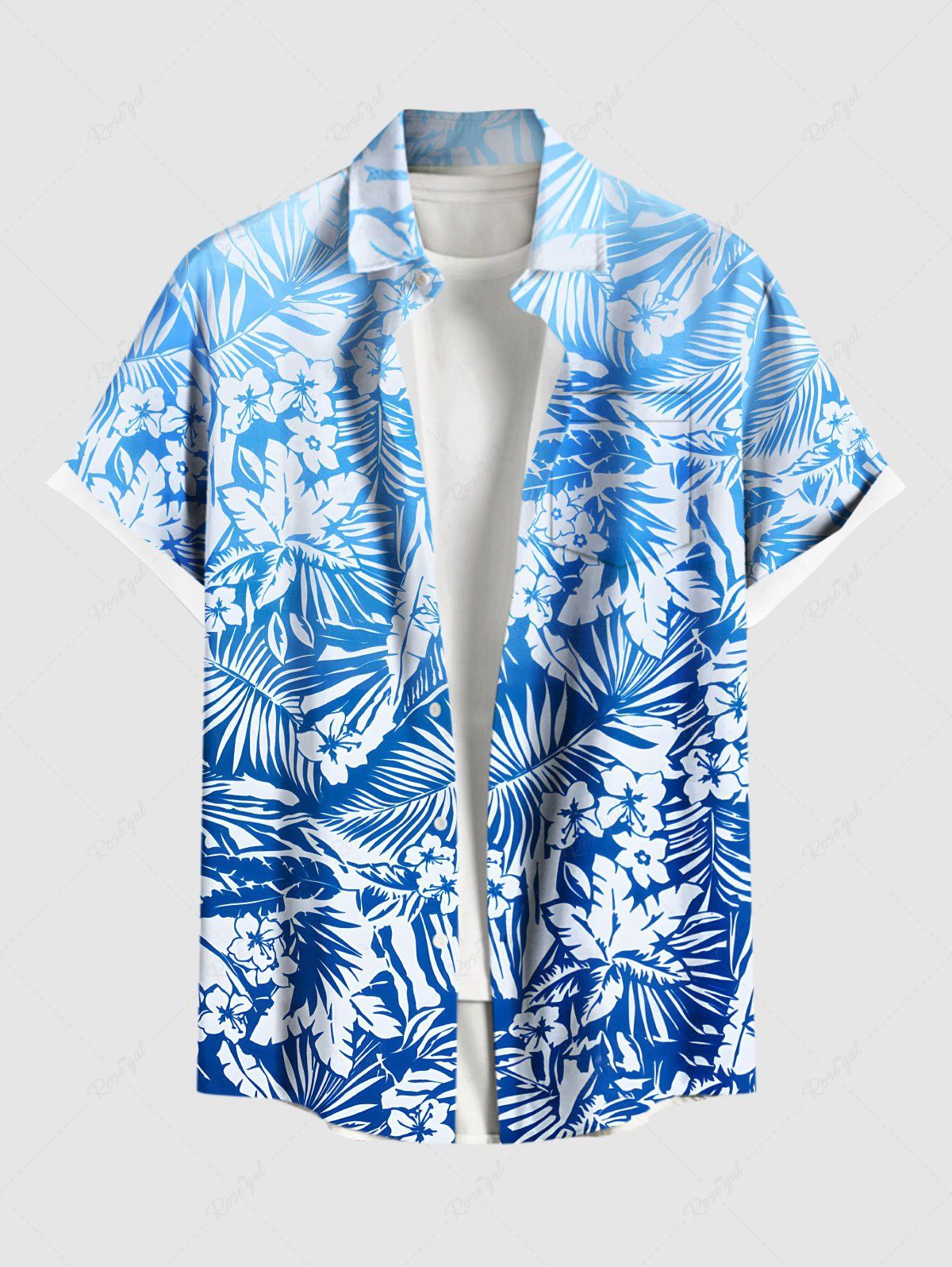 Cheap Plus Size Tropical Leaf Hibiscus Flowers Print Buttons Pocket Hawaii Shirt For Men  
