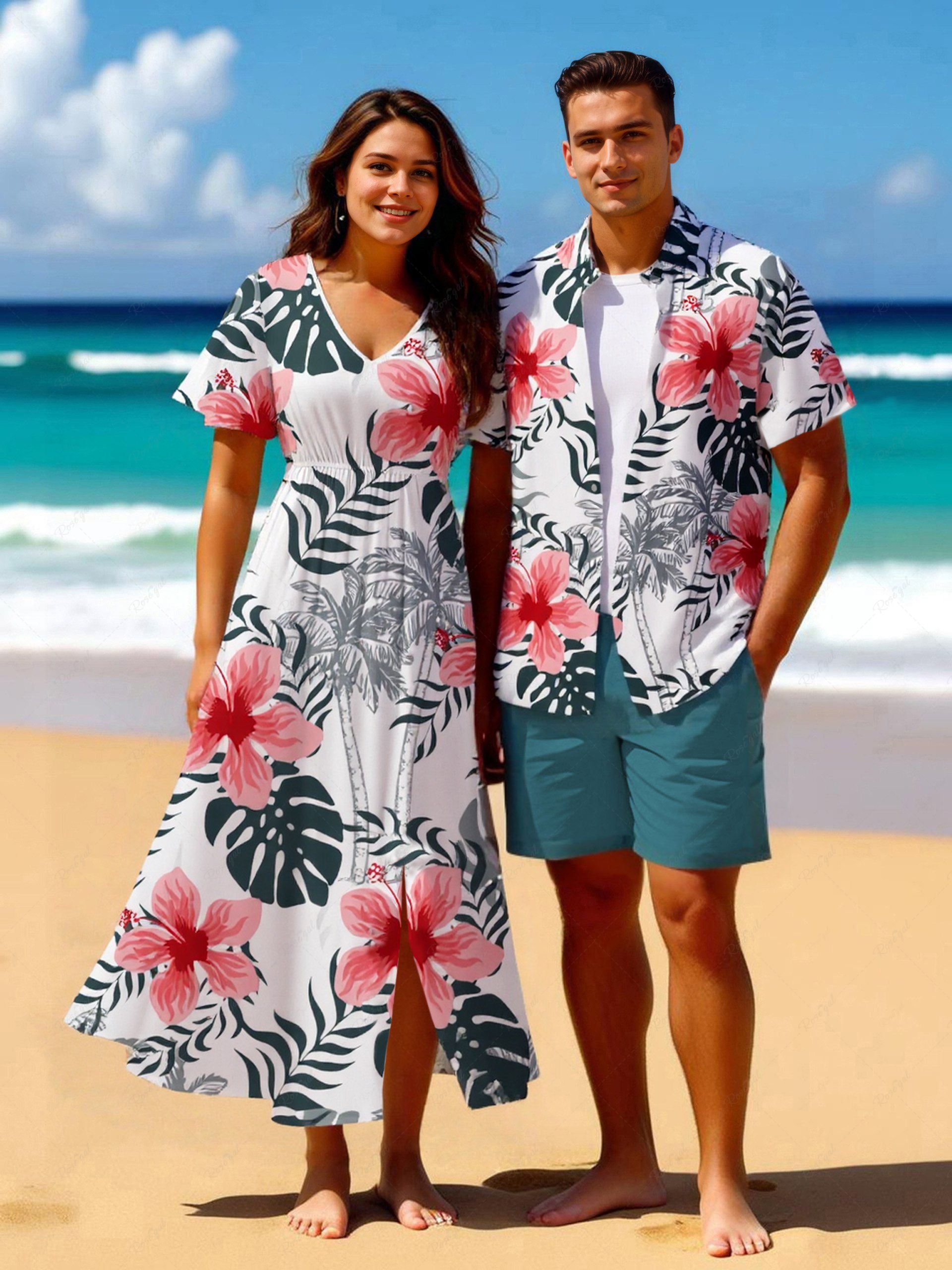 Fashion Coconut Tree Tropical Leaf Hibiscus Flowers Print Plus Size Matching Hawaii Beach Outfit For Couples  