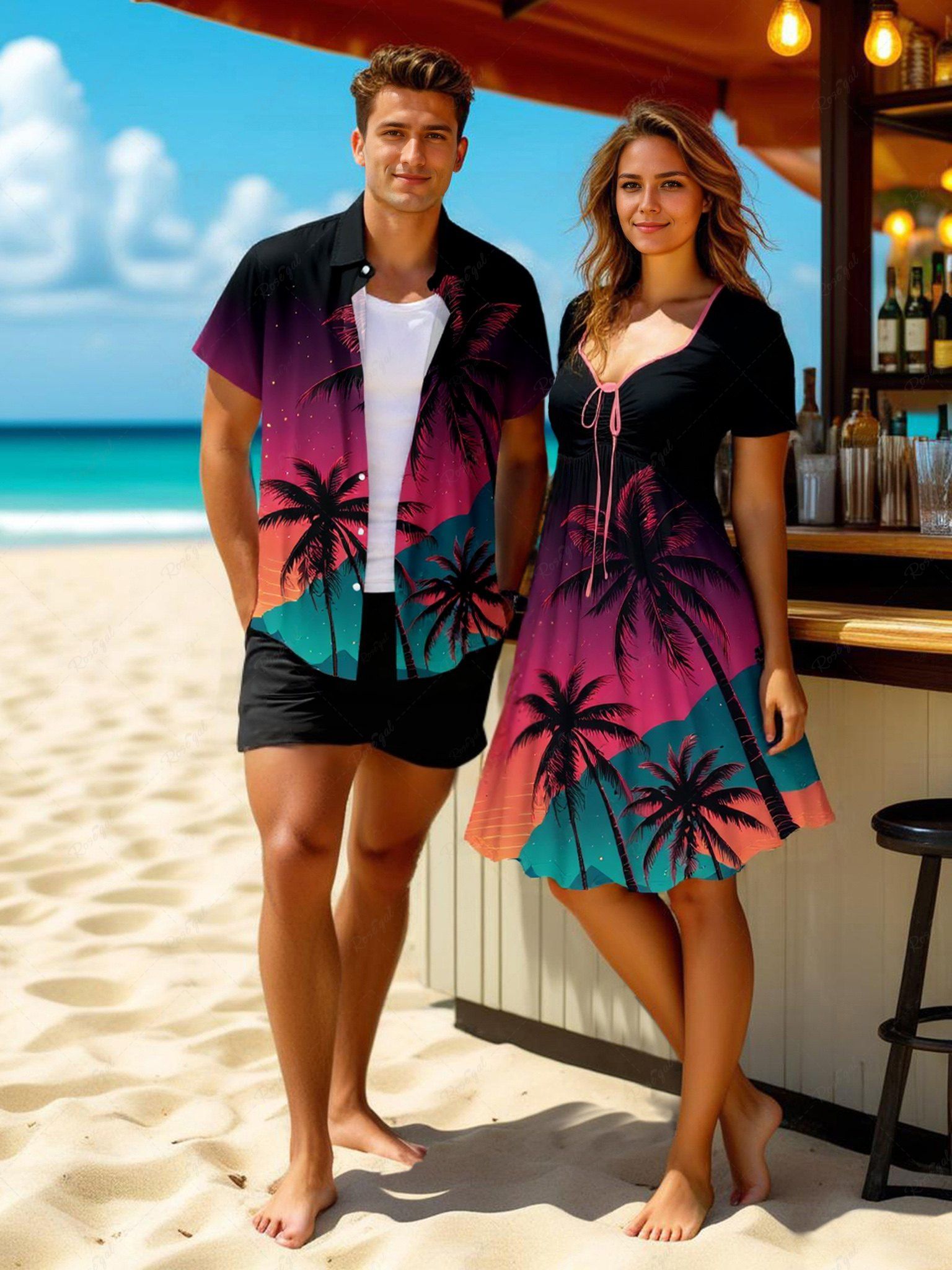 Store Coconut Tree Ombre Galaxy Print Plus Size Matching Hawaii Beach Outfit For Couples  