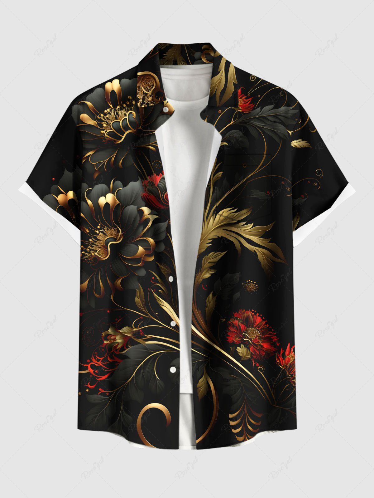 Chemise hawaïenne grande taille à imprimé floral et feuilles métallisées, boutons et poches pour homme Noir M