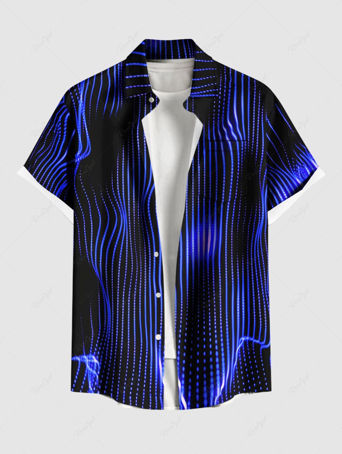 Store Plus Size Aurora Art Geometric Stripes Neon Print Buttons Pocket Shirt For Men  