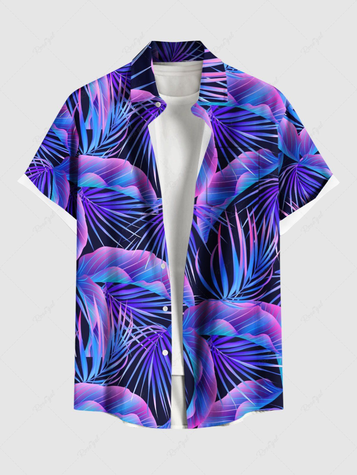 Chemise hawaïenne grande taille à imprimé feuilles tropicales et poches à boutons pour homme Pourpre  XL
