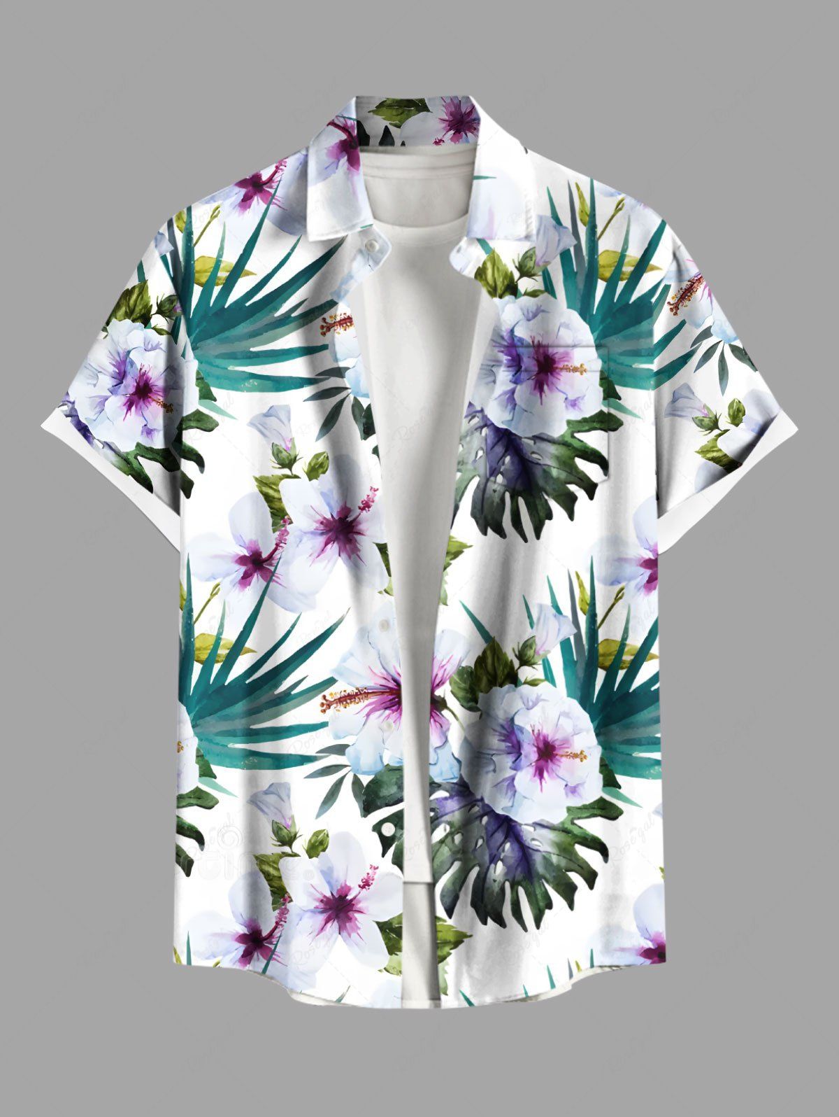 Buy Plus Size Hibiscus Flowers Tropical Leaf Print Buttons Pocket Hawaii Shirt For Men  