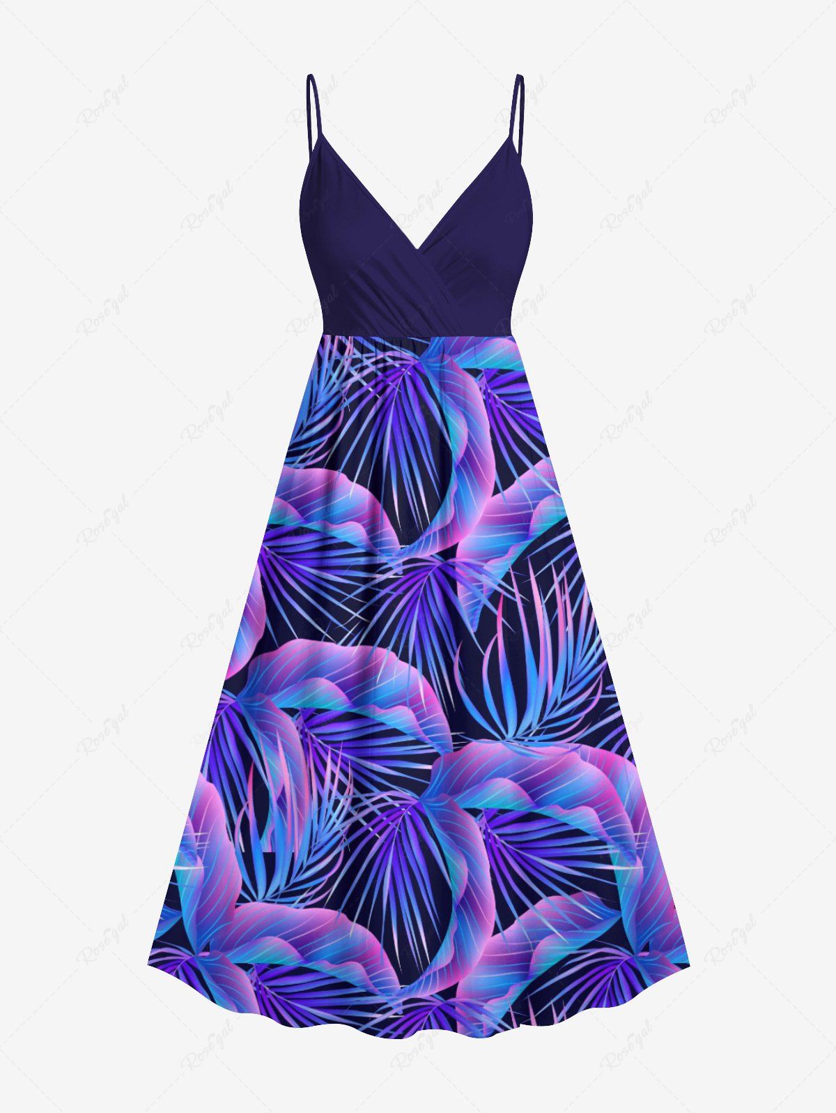 Discount Plus Size Tropical Leaf Print Surplice Hawaii Cami Dress  