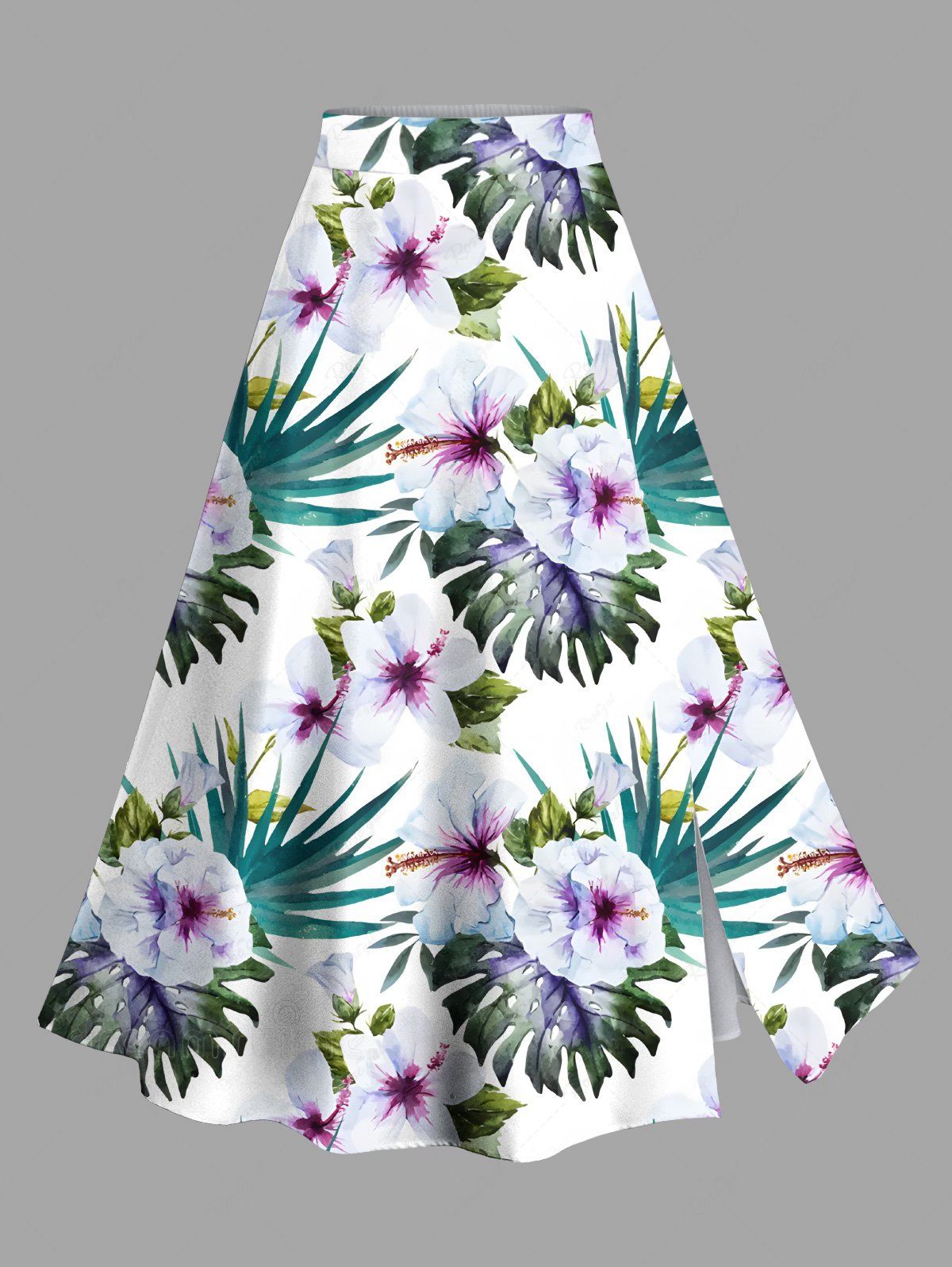 Jupe hawaïenne fendue grande taille à imprimé feuilles tropicales et fleurs d'hibiscus Blanc L