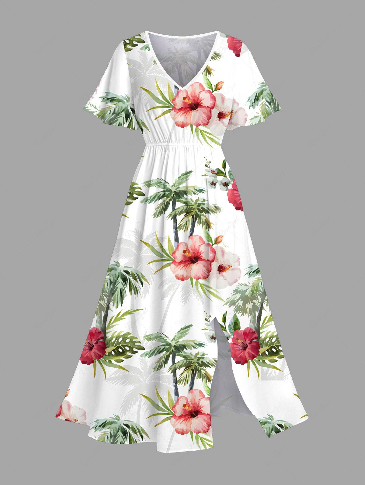 Robe mi-longue hawaïenne fendue à imprimé tropical et fleurs d'hibiscus, grande taille Blanc XXS