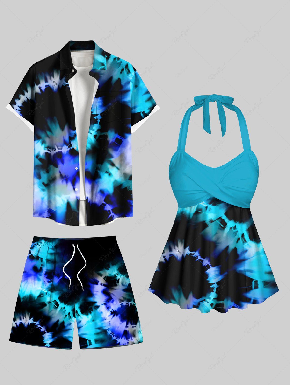 Maillot de bain imprimé tie-dye ombré en spirale, short, grande taille, tenue de plage hawaïenne assortie pour couples Noir 