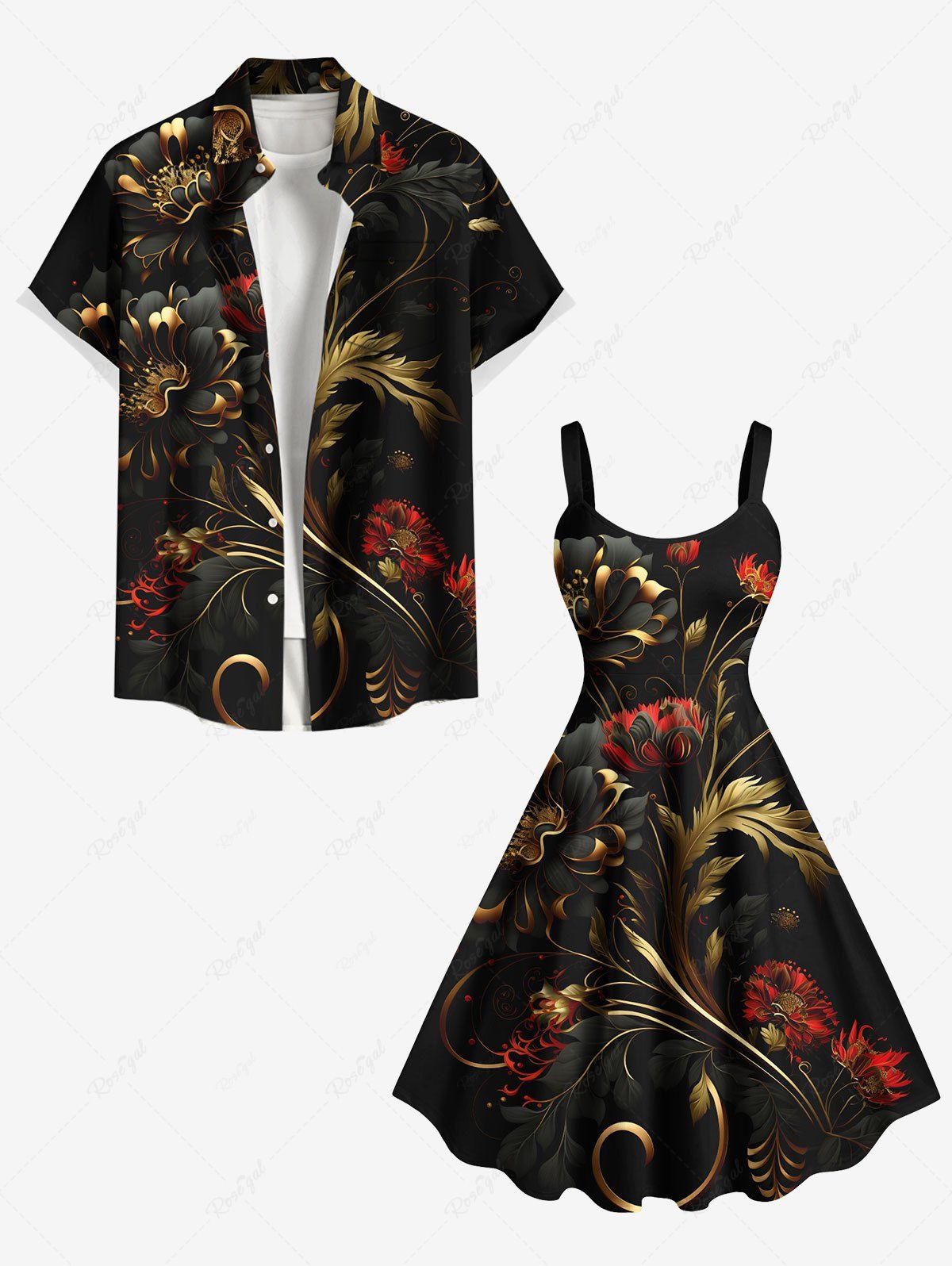 Shops Flowers Leaf Metallic Print Plus Size Matching Hawaii Beach Outfit For Couples  