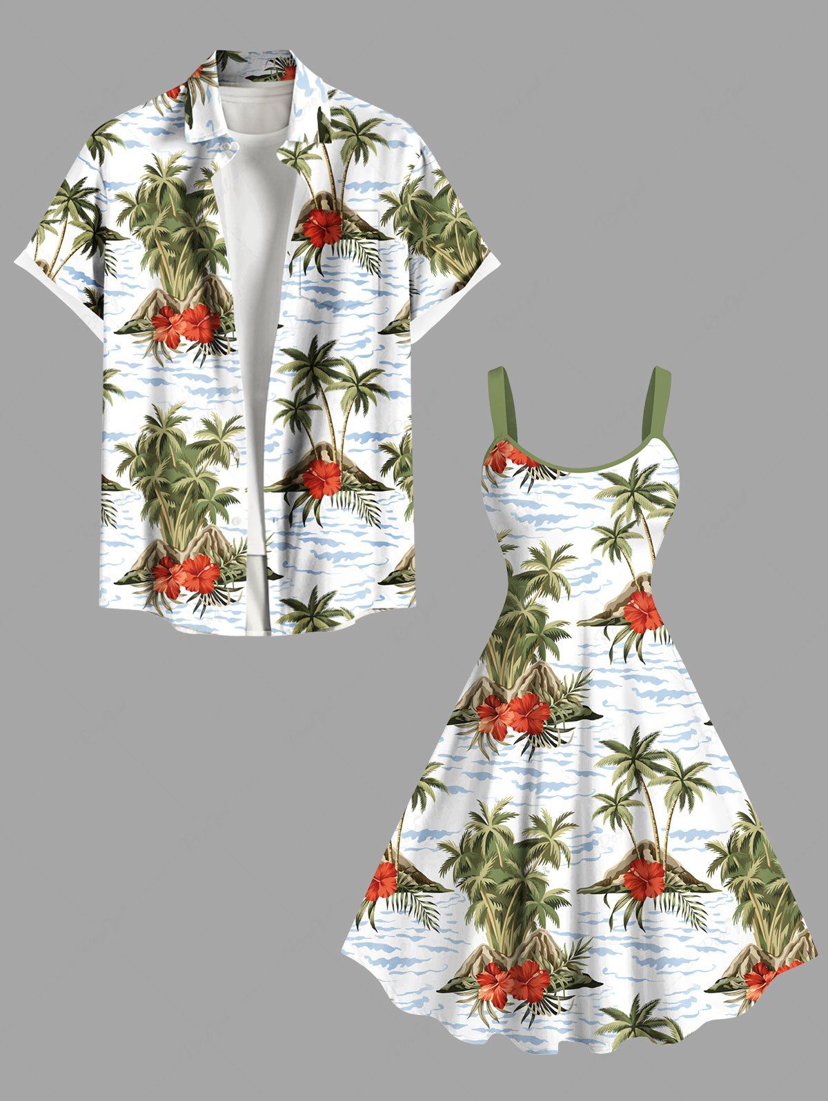Tenue de plage hawaïenne assortie grande taille, motif cocotier, hibiscus, vagues de la mer, pour couples Blanc 