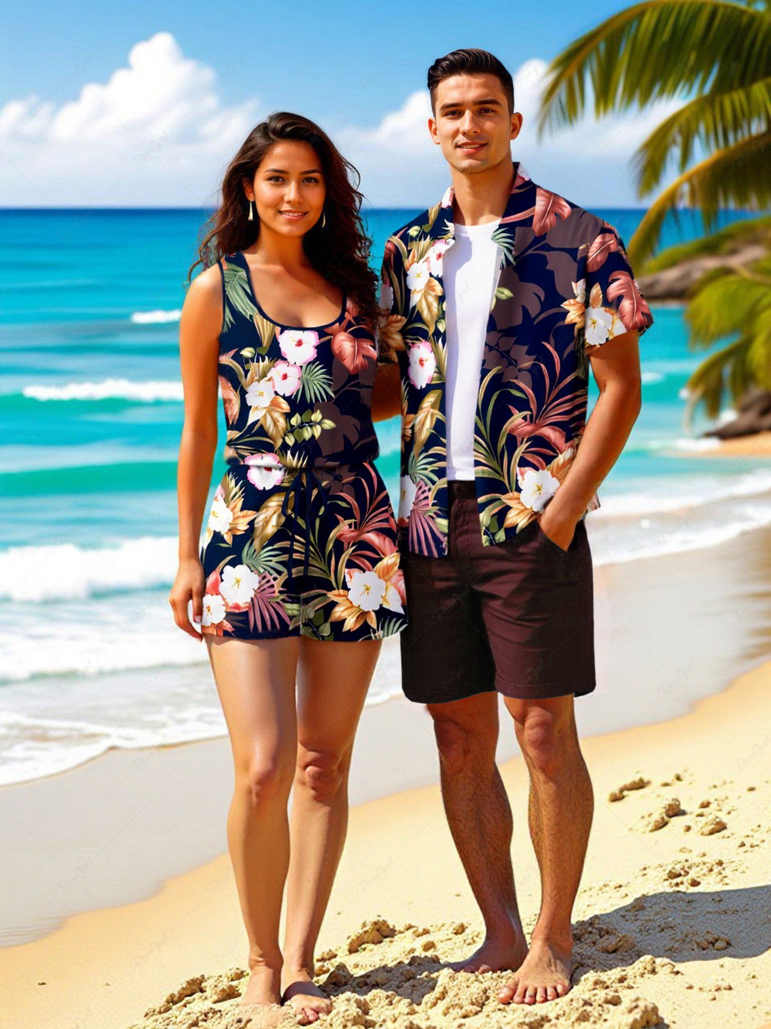 Ensemble chemise et barboteuse hawaïennes assorties, grande taille, imprimé feuilles tropicales et fleurs d'hibiscus, pour couples Noir 